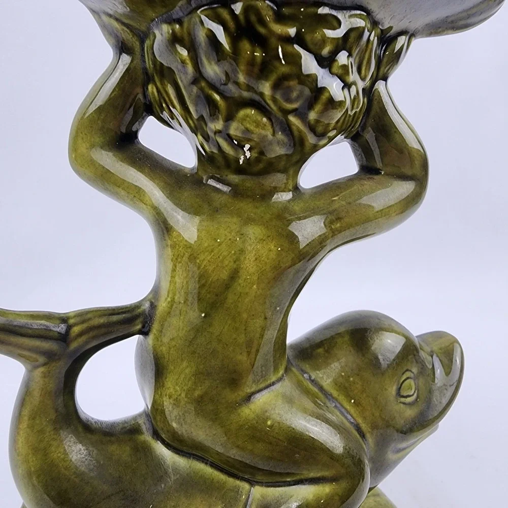 Vtg Ceramic Holland Mold Cherub Angel Child Dolphin Iridized Pedestal Soap‎ Dish